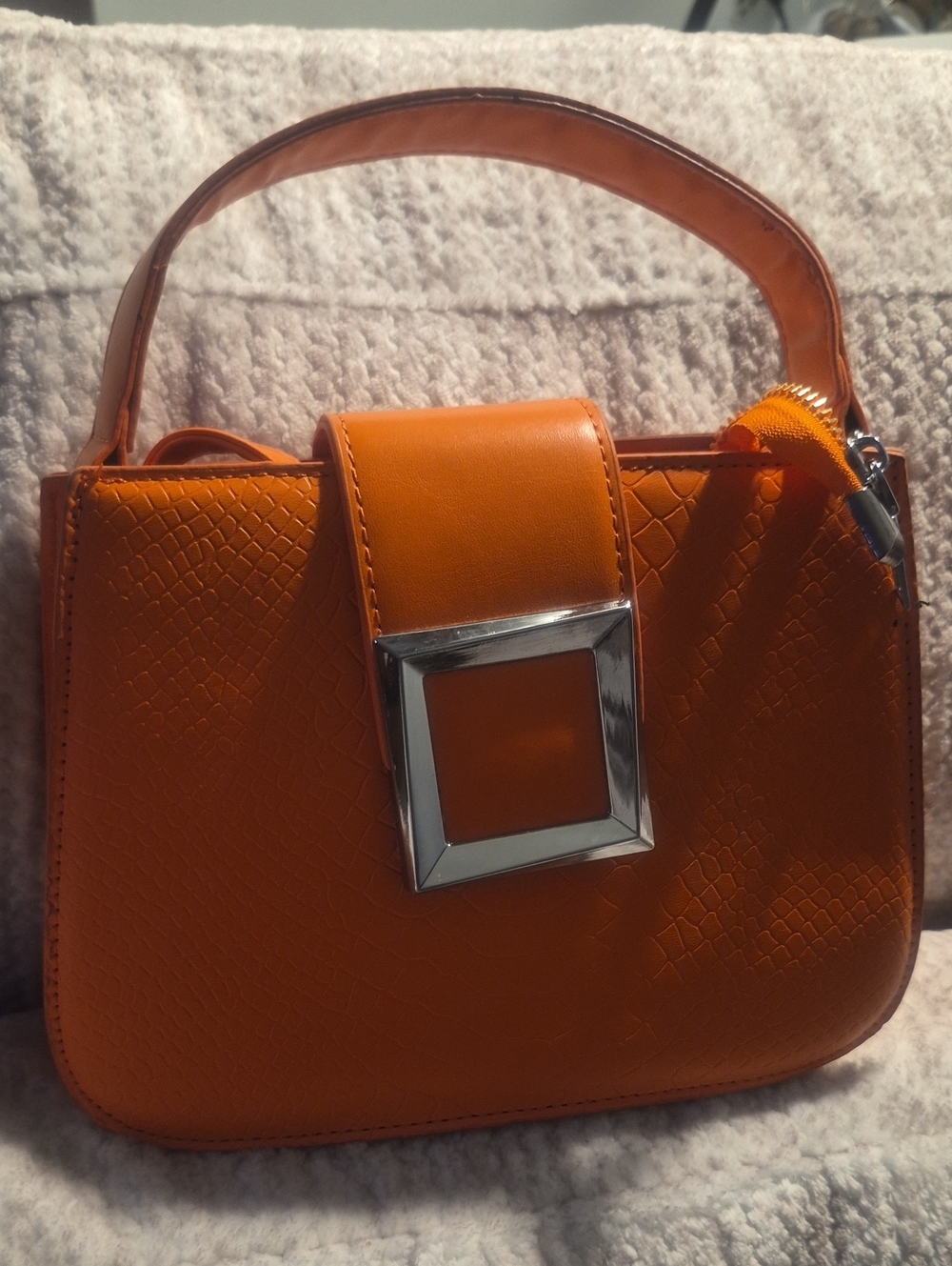 Orange Faux-Leather Top Handle Bag with Silver Hardware